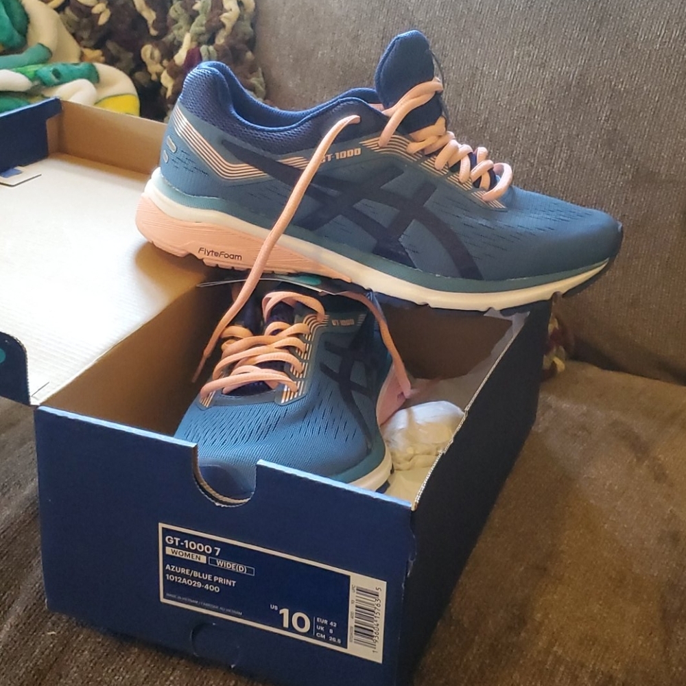 ASICS flyte foam blue and pink sneakers